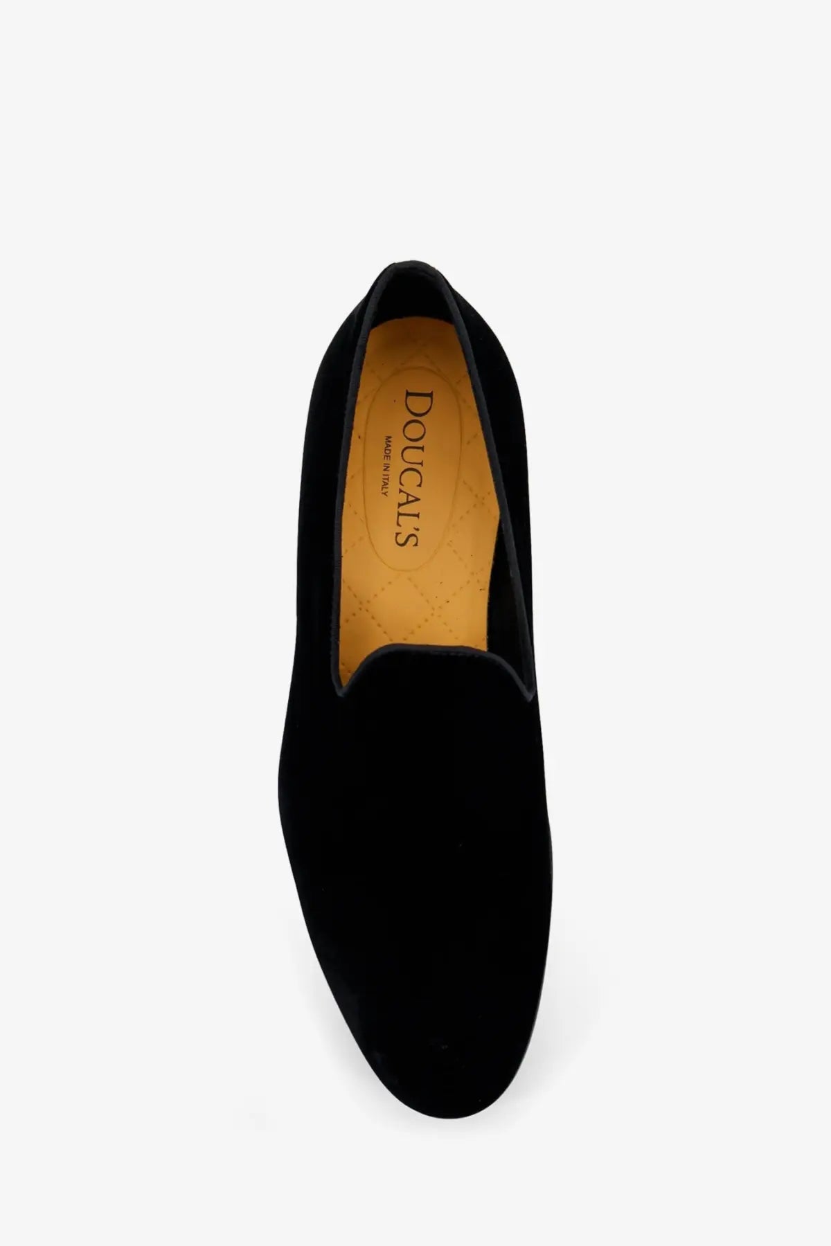 Black suede slip-on loafer with matte finish and tan doucals branded insole men’s velvet loafers black
