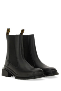 Black leather chelsea boots with chunky block heel and elastic side panels by dr martens women’s maybole