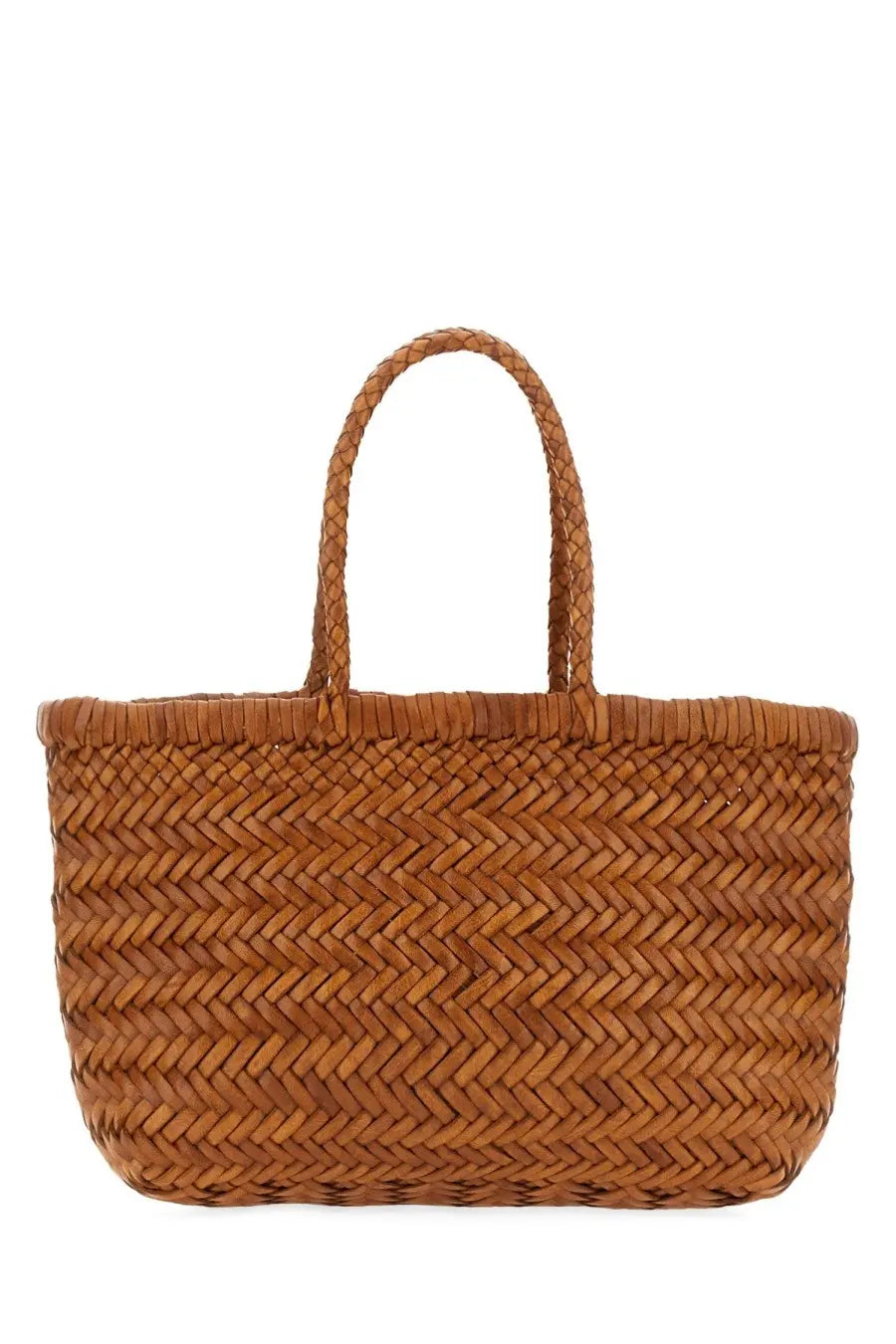 Dragon Diffusion women’s borsa flat gora mini brown tan woven straw tote bag with herringbone pattern and braided handles