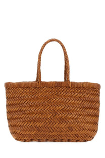 Dragon Diffusion women’s borsa flat gora mini brown tan woven straw tote bag with herringbone pattern and braided handles