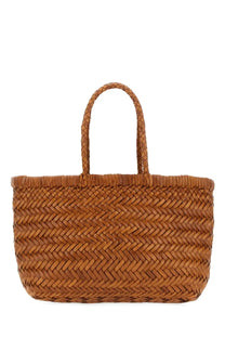 Dragon Diffusion women’s borsa flat gora mini brown woven straw tote bag with herringbone pattern and braided handles