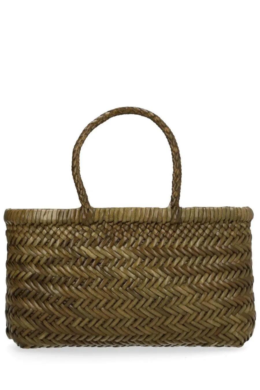 Dragon Diffusion women’s brown woven straw tote bag with herringbone pattern and braided handles
