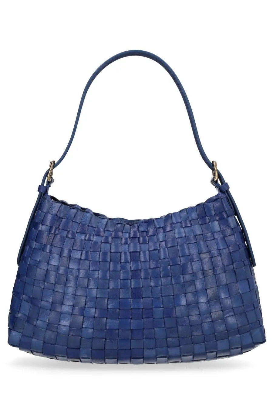 Deep blue woven leather shoulder bag with structured textured pattern and matching handle from Dragon Diffusion