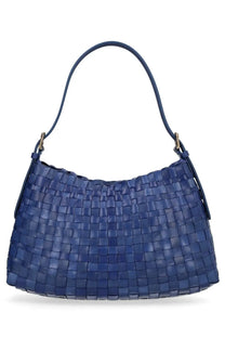 Deep blue woven leather shoulder bag with structured textured pattern and matching handle from Dragon Diffusion