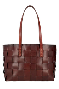 Brown woven leather tote bag with structured rectangular shape and matching handles from dragon diffusion