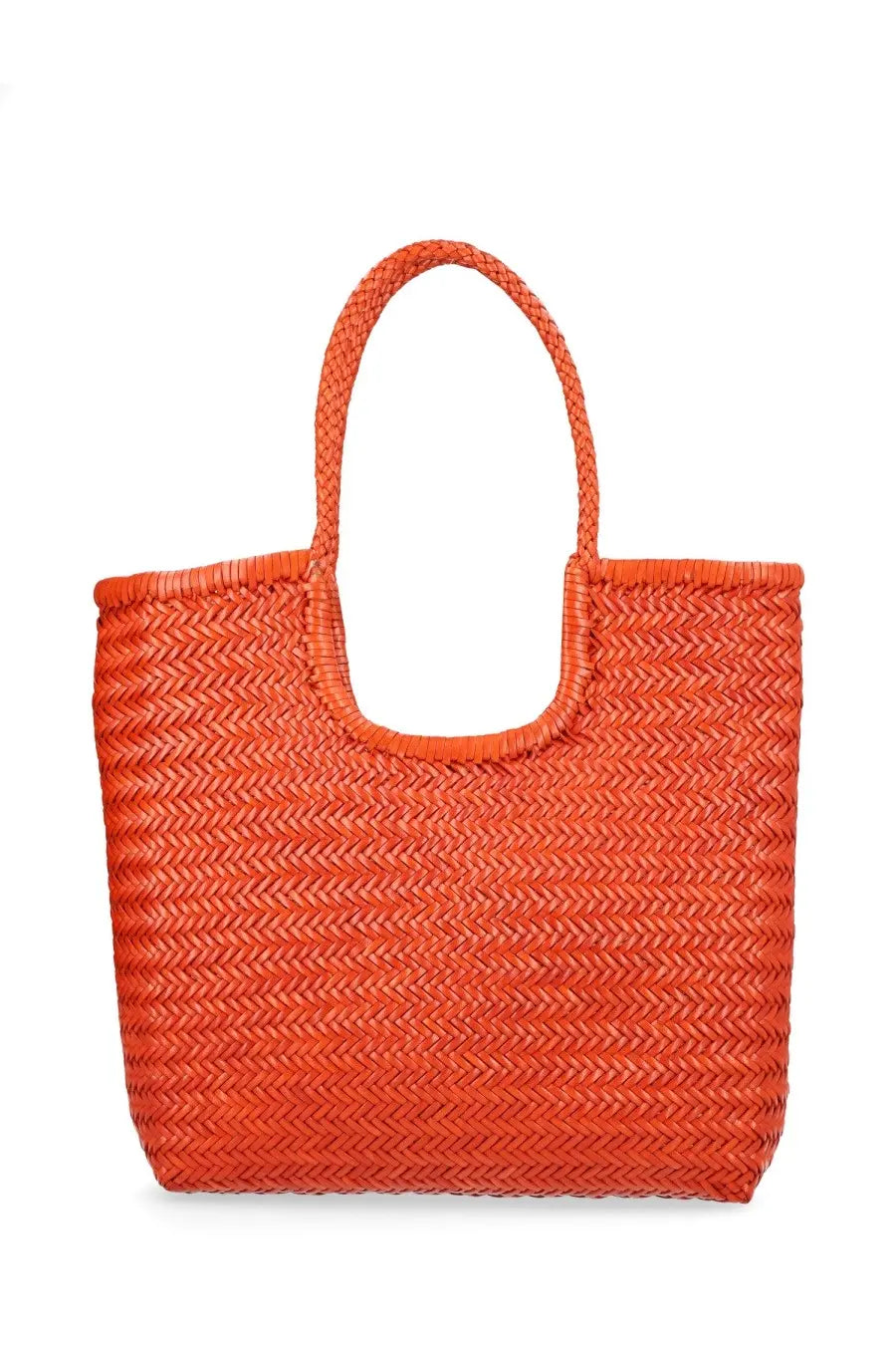Bright orange woven tote bag with braided handles by Dragon Diffusion called Borsa NS Diagonal Triple Jump Orange