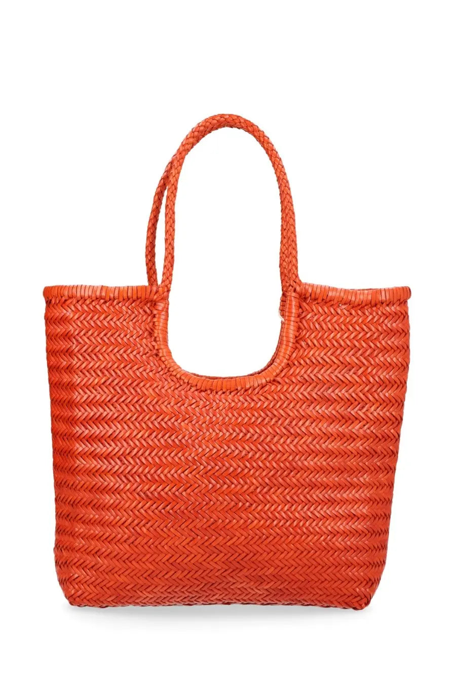 A vibrant orange woven tote bag with a herringbone pattern and braided handles from Dragon Diffusion