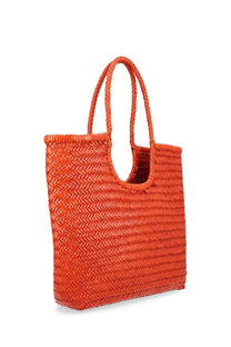 A vibrant orange woven tote bag with braided handles and herringbone pattern by Dragon Diffusion women