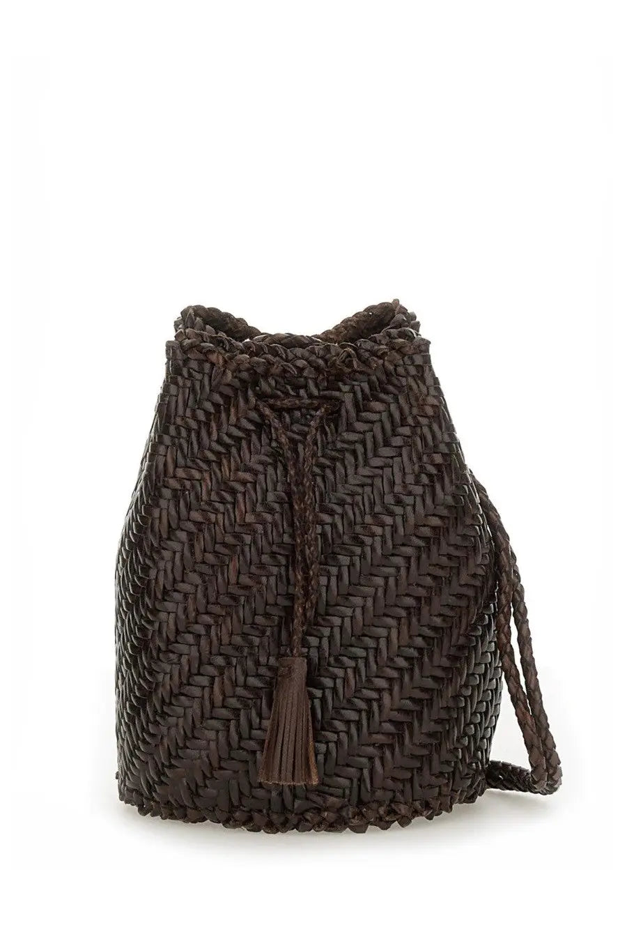Dragon Diffusion women’s borsa pompom double jump tan brown dark brown woven bucket bag with braided drawstring and tassel