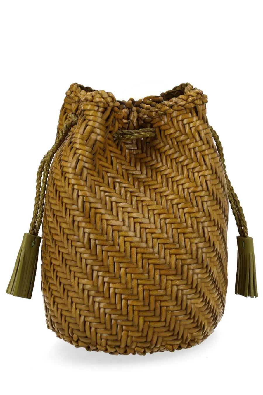 Dragon Diffusion women’s woven tan bucket bag with herringbone pattern and olive green tassel pompoms