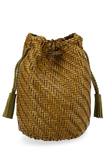 Dragon Diffusion women’s woven tan bucket bag with herringbone pattern and olive green tassel pompoms