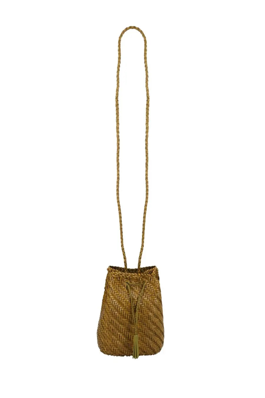 Dragon diffusion women’s woven tan bucket bag with braided shoulder strap and matching tassel in borsa pompom style