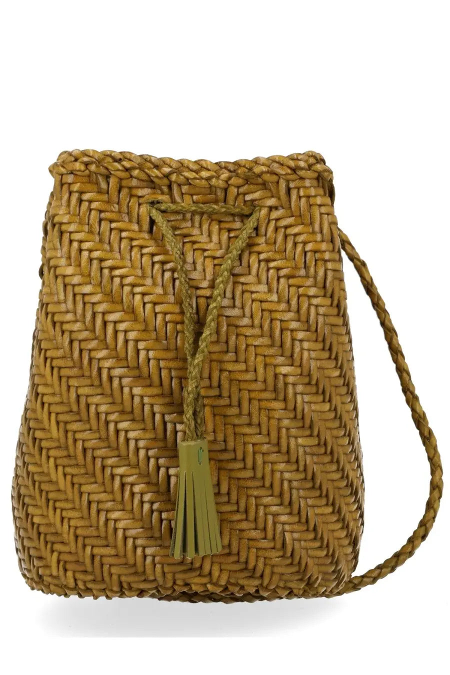 Dragon Diffusion women’s woven tan bucket bag with braided shoulder strap and tassel closure in borsa pompom style