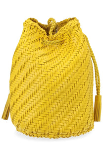 Dragon Diffusion women’s tan yellow woven drawstring bag with textured herringbone pattern and matching tassels
