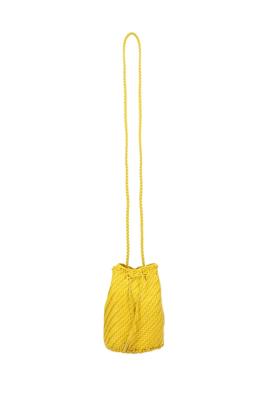 Dragon Diffusion women’s borsa pompom double jump tan yellow vibrant yellow woven bucket bag with braided strap