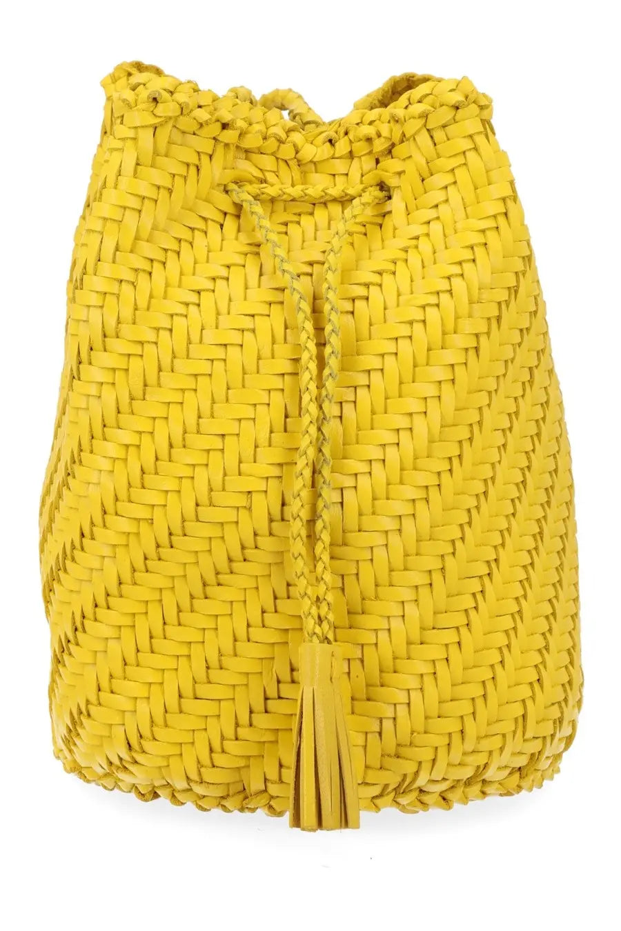 Dragon Diffusion women’s borsa pompom double jump tan yellow vibrant yellow woven leather drawstring backpack with tassel detail