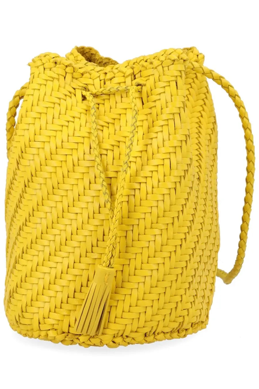 Dragon diffusion women’s borsa pompom double jump tan yellow vibrant yellow woven bucket bag with braided drawstring closure and tassel