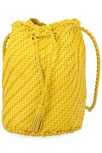 Dragon diffusion women’s borsa pompom double jump tan yellow vibrant yellow woven bucket bag with braided drawstring closure and tassel