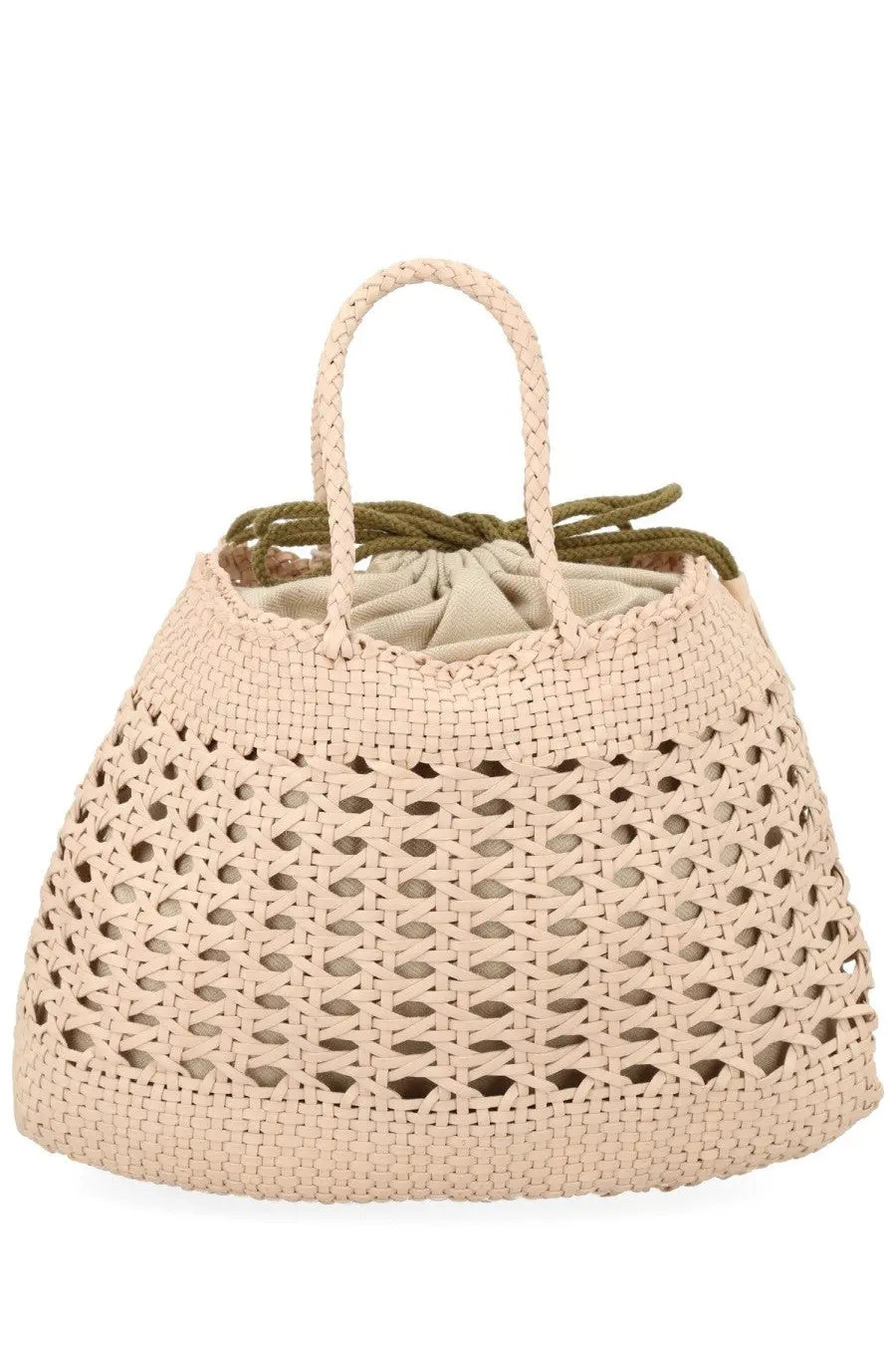 Dragon Diffusion women’s borsa Santa Cano beige woven straw tote bag with drawstring closure and olive green rope accent