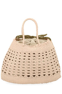 Dragon Diffusion women’s borsa Santa Cano beige woven straw tote bag with drawstring closure and olive green rope accent