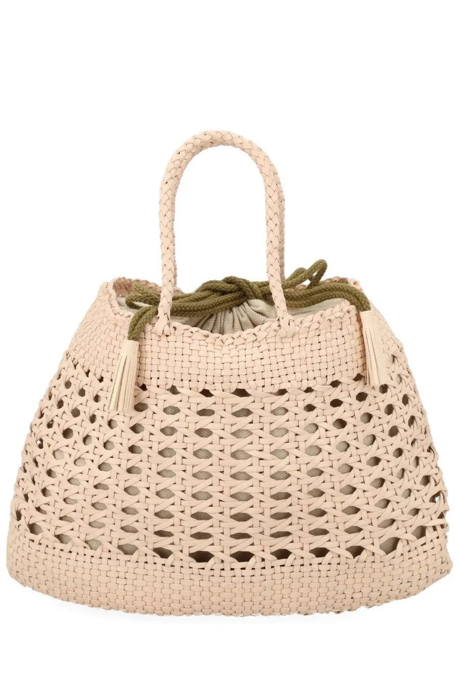 Beige woven straw tote bag with olive green drawstring and tassels from dragon diffusion women’s borsa santa cano beige