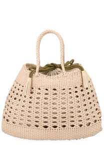 Beige woven straw tote bag with olive green drawstring and tassels from dragon diffusion women’s borsa santa cano beige