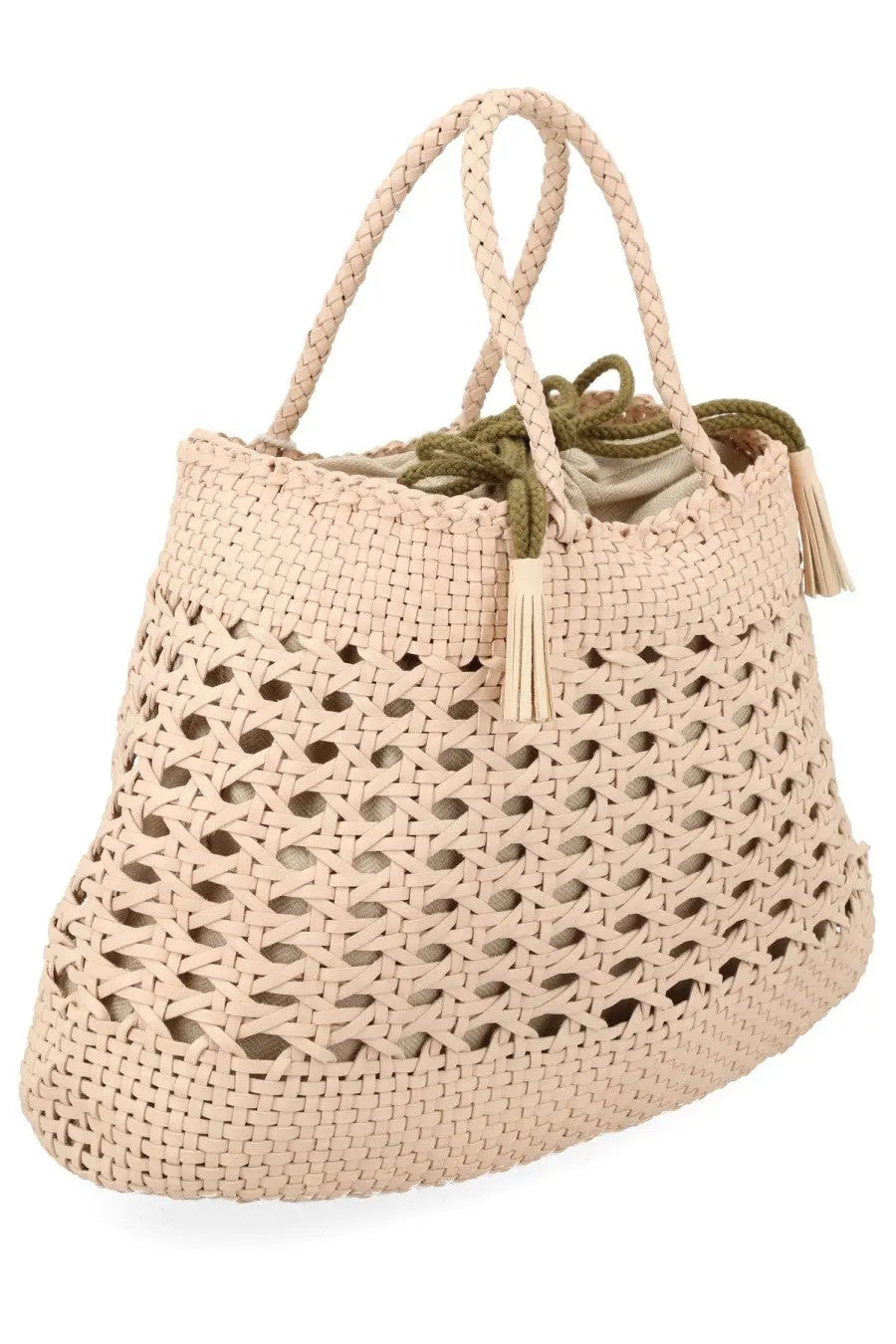 Dragon Diffusion women’s borsa Santa Cano beige woven tote bag with braided handles and olive green drawstring closure
