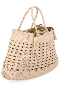 Dragon Diffusion women’s borsa Santa Cano beige woven tote bag with braided handles and olive green drawstring closure