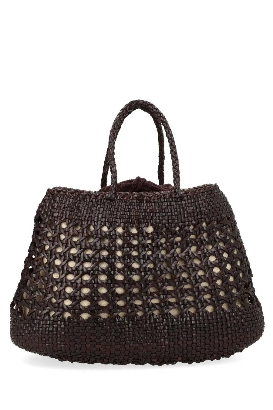 Dragon Diffusion women’s borsa Santa Cano brown tote bag with dark brown woven straw and circular cutout pattern