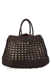 Dragon Diffusion women’s borsa Santa Cano brown tote bag with dark brown woven straw and circular cutout pattern