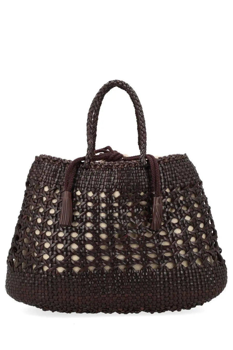 Dragon Diffusion women’s borsa santa cano brown tote bag in woven material with braided handles and tassel accents