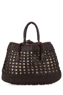 Dragon Diffusion women’s borsa santa cano brown tote bag in woven material with braided handles and tassel accents