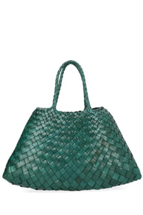 Emerald green woven leather tote bag with braided handles from Dragon Diffusion Borsa Santa Croce small collection