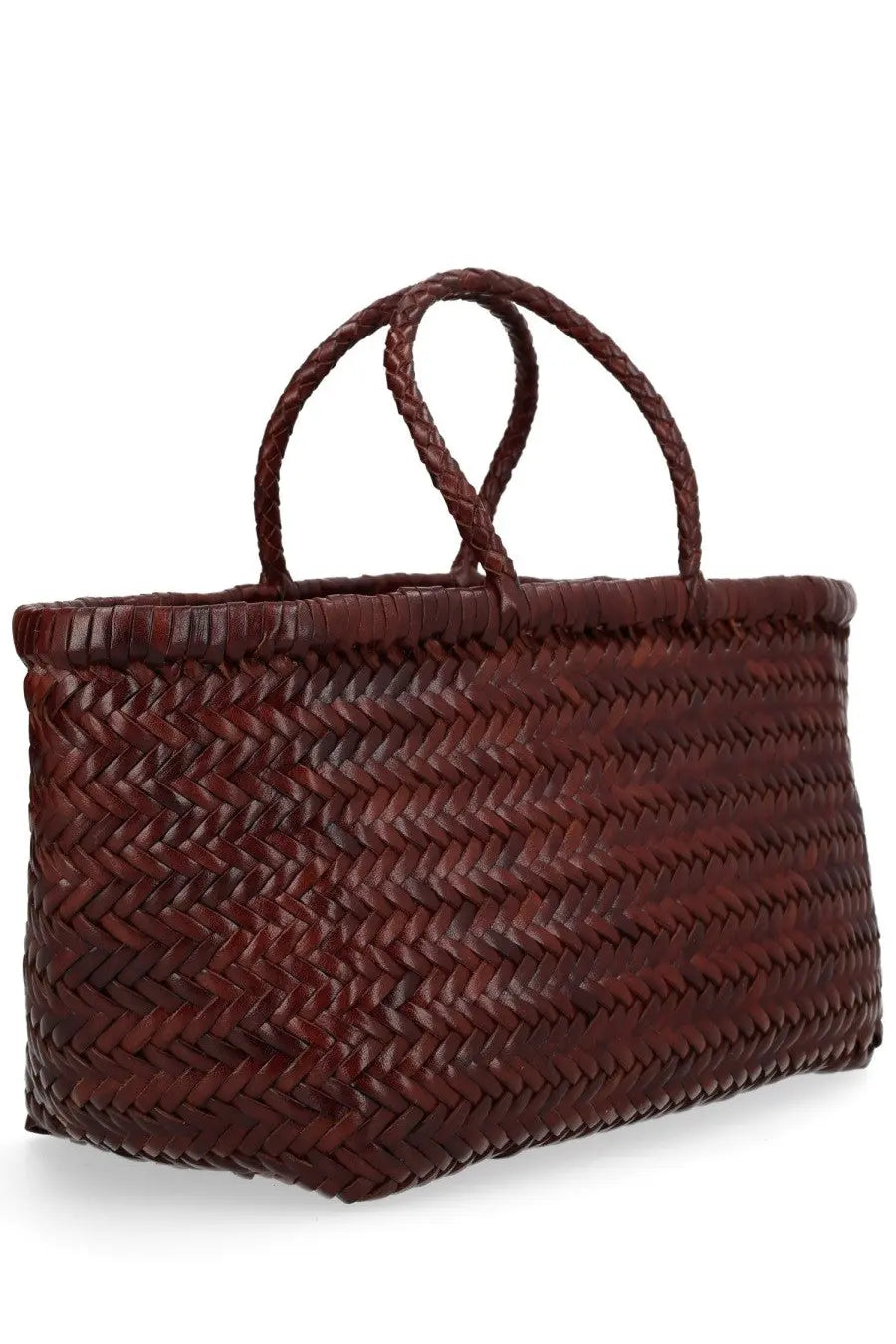 Dragon Diffusion womens borsa triple jump small brown rich burgundy woven tote bag with braided handles and herringbone pattern