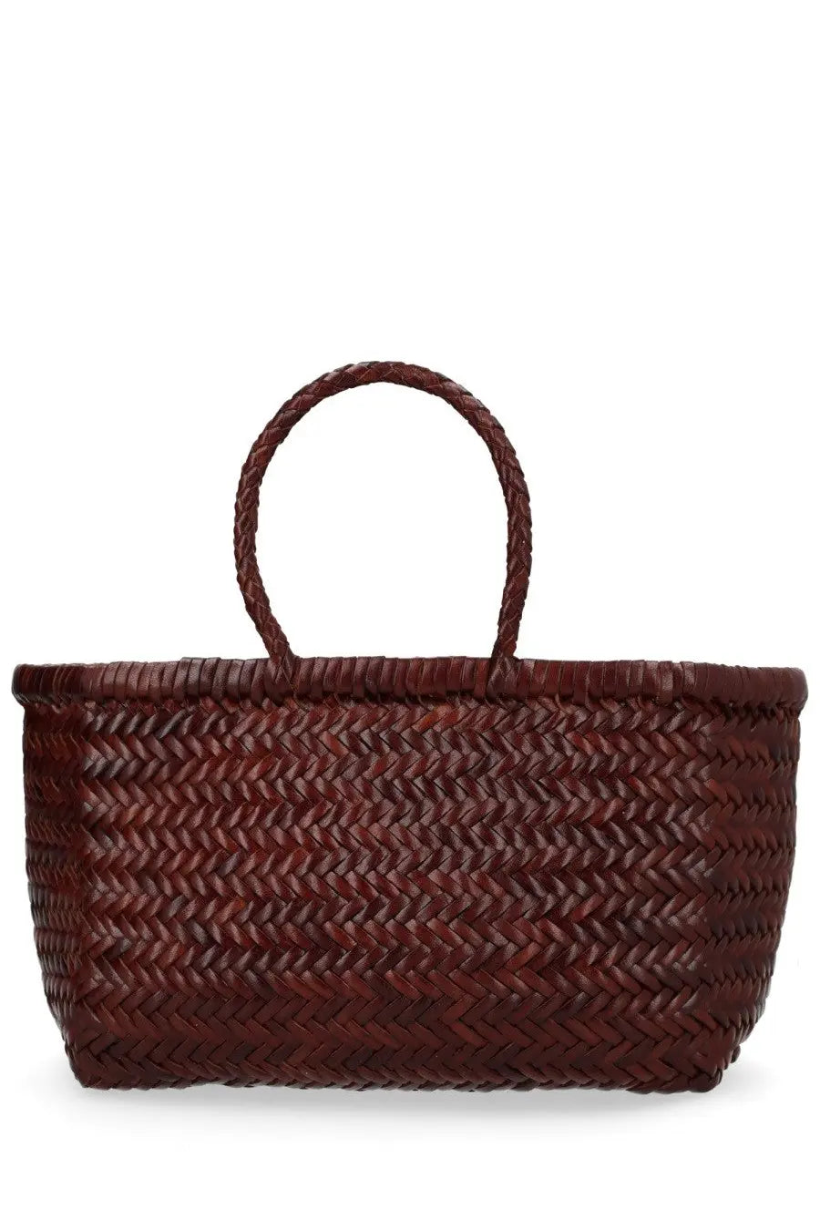 Dragon Diffusion women’s borsa triple jump small brown tote bag in rich burgundy woven herringbone with braided handles