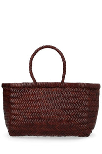 Dragon Diffusion women’s borsa triple jump small brown tote bag in rich burgundy woven herringbone with braided handles