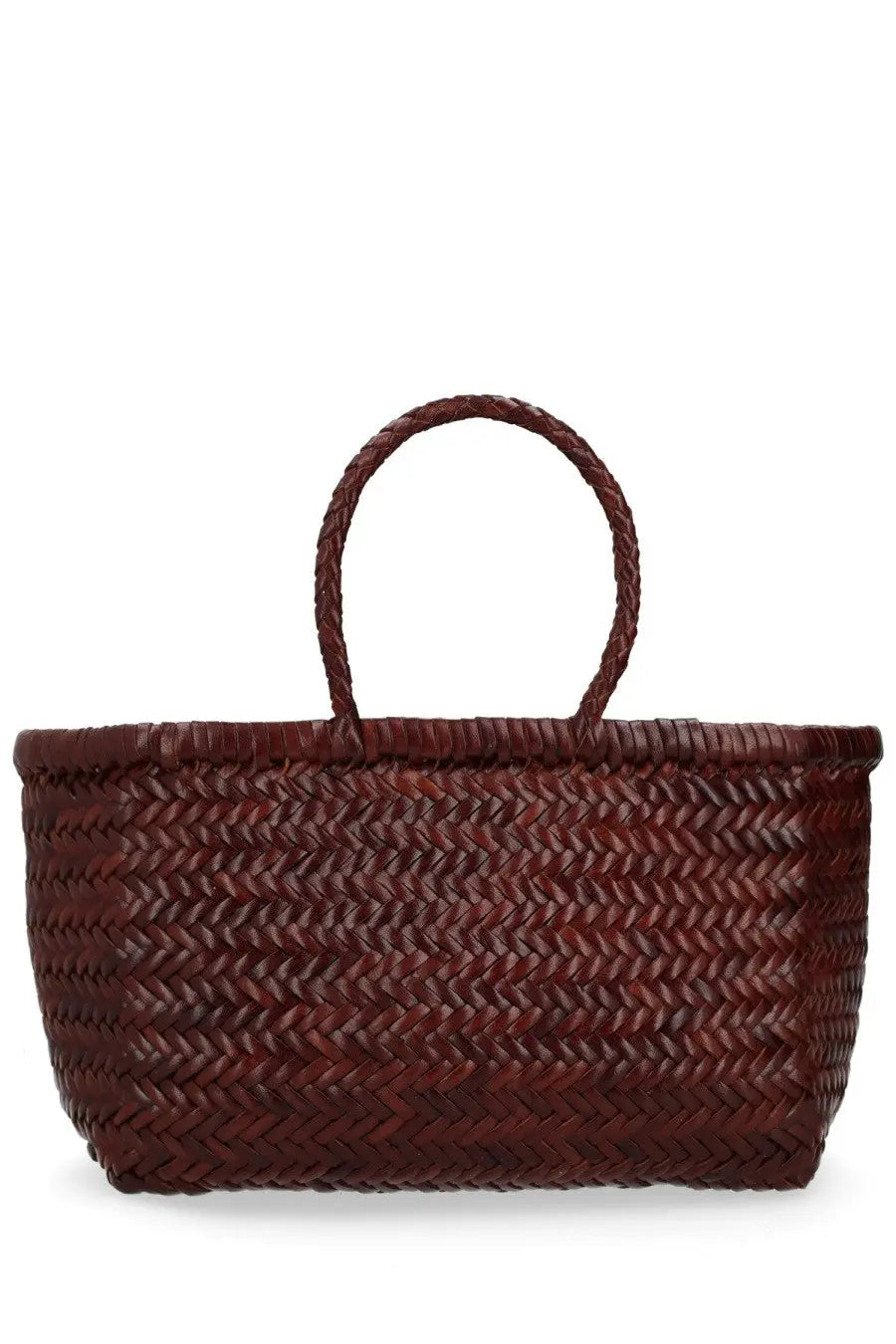 Dragon Diffusion women’s borsa triple jump small brown tote bag in rich burgundy woven with braided handle and herringbone pattern