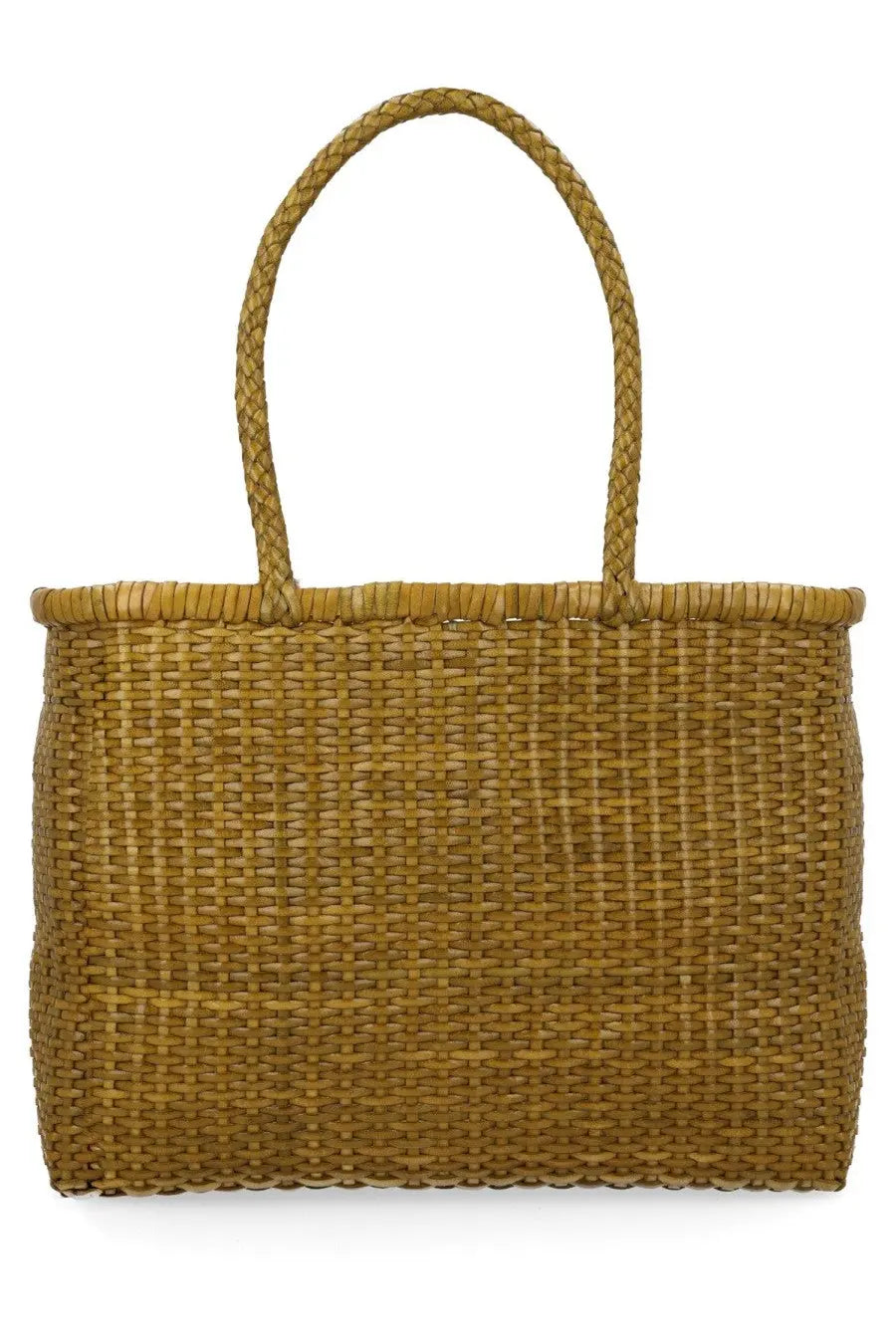 Dragon Diffusion women’s borsa weave large green woven tote bag with braided handles and sturdy rectangular shape in mustard yellow