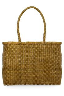Dragon Diffusion women’s borsa weave large green woven tote bag with braided handles and sturdy rectangular shape in mustard yellow