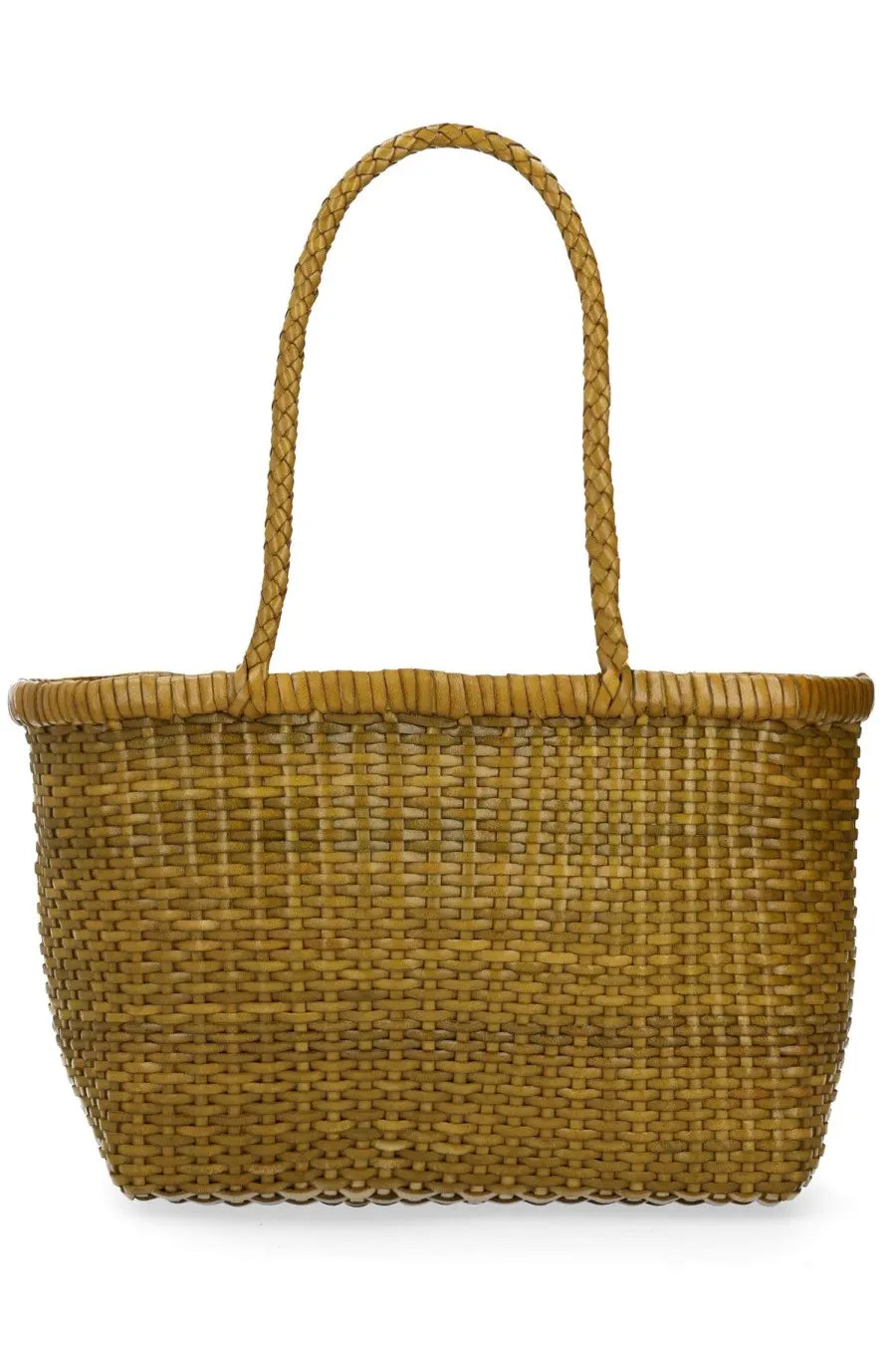 Dragon Diffusion women’s borsa weave small green tote bag with woven mustard yellow braided handles and textured weave