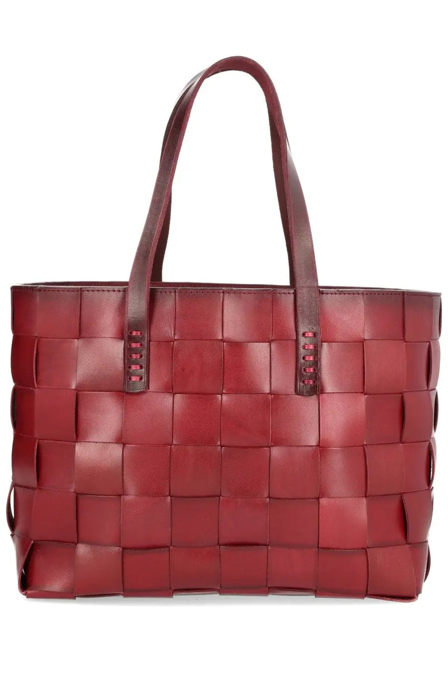 A rich burgundy woven leather tote bag with sturdy handles and grid-like pattern by Dragon Diffusion Women Japan