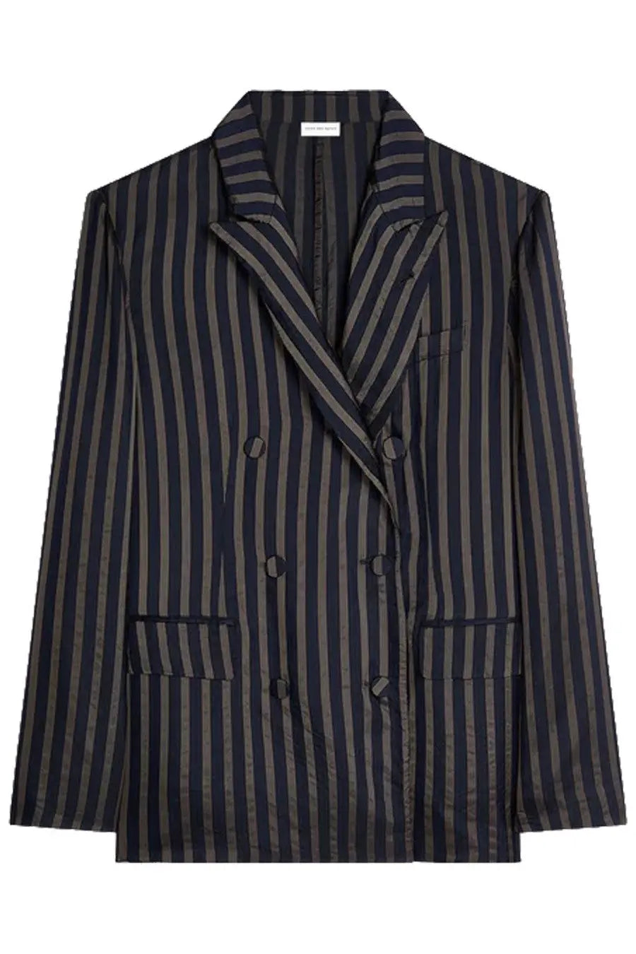 Dries van noten men’s blazer balto blue with navy and gray vertical stripes and a sleek tailored double breasted fit
