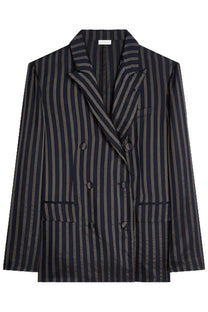 Dries van noten men’s blazer balto blue with navy and gray vertical stripes and a sleek tailored double breasted fit