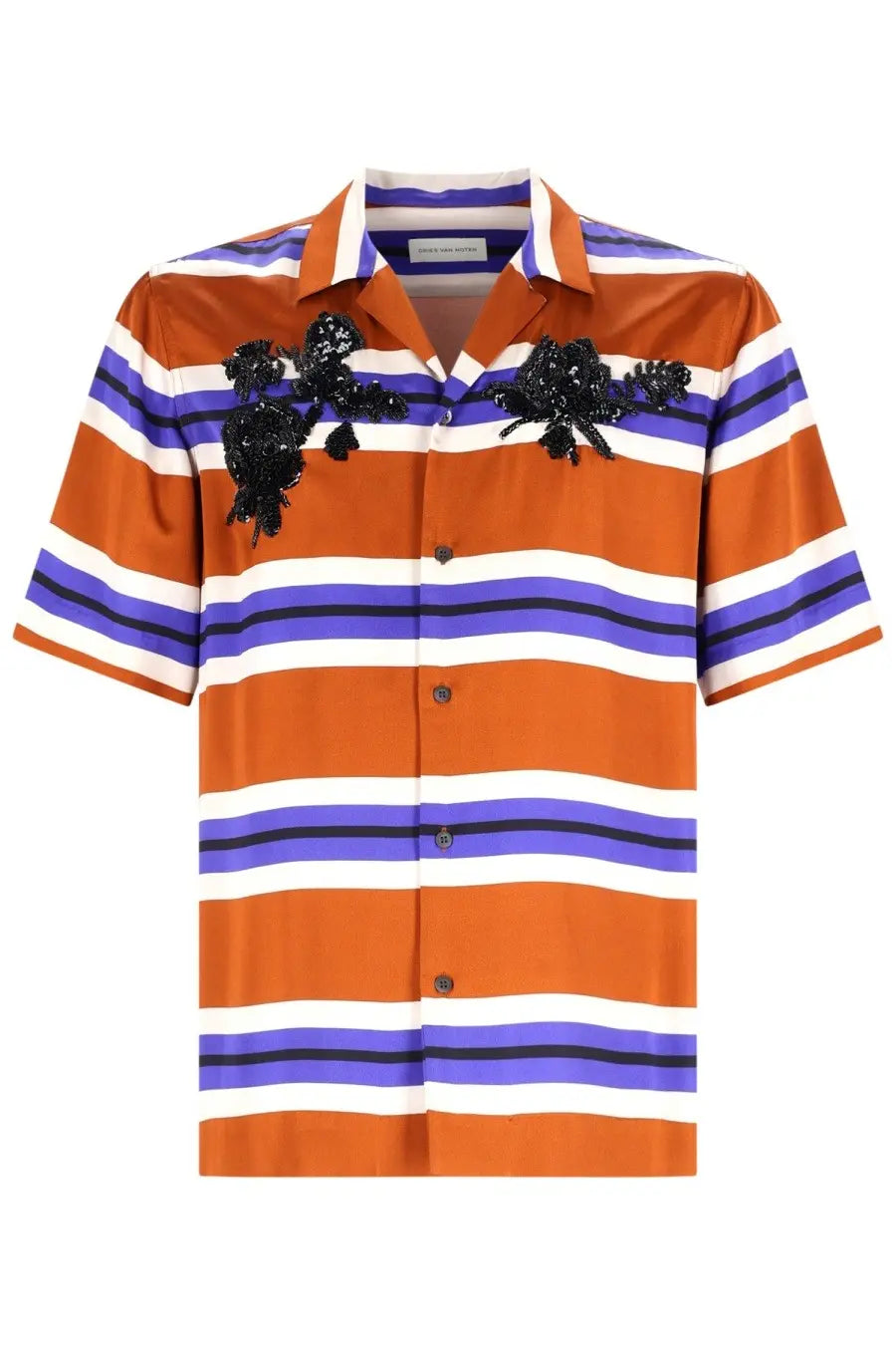 Dries Van Noten men’s short-sleeved button-up shirt with orange blue stripes and black sequined floral embroidery