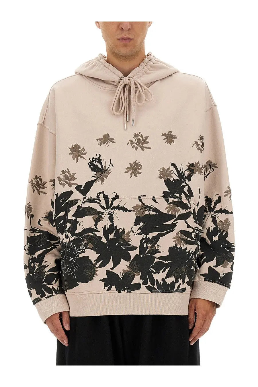 Dries van noten men’s cotton hoodie white beige with bold black and gray floral print elastic drawstring hood and ribbed cuffs