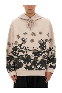 Dries van noten men’s cotton hoodie white beige with bold black and gray floral print elastic drawstring hood and ribbed cuffs