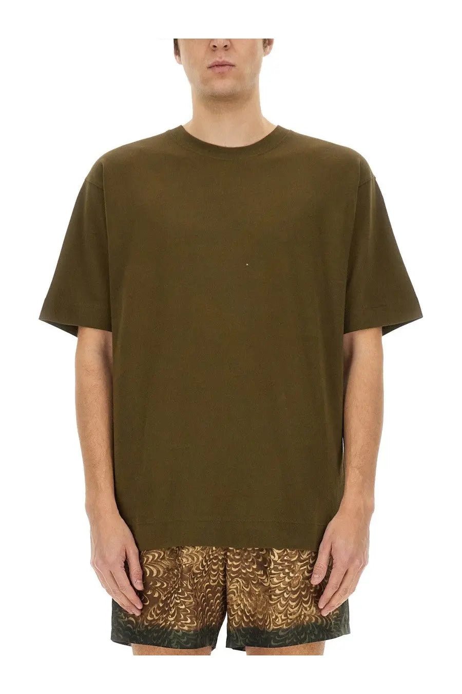 Dries van noten men’s cotton shirt in olive green wide loose fit with crew neck short sleeves