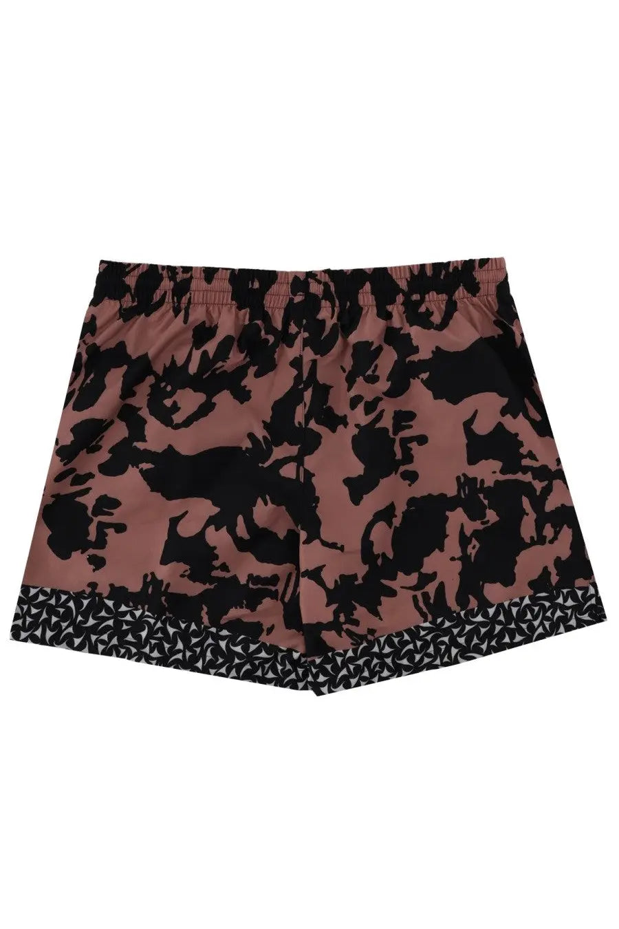 Dries Van Noten men’s pink and black abstract patterned shorts with geometric trim for swimwear use