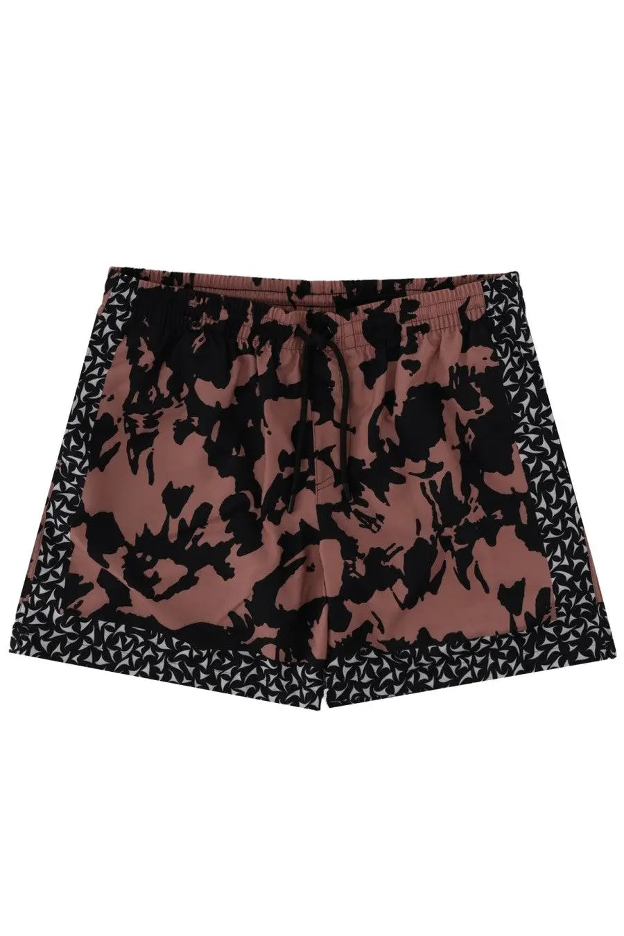 Dries Van Noten men’s floral print swimsuit in blue with pink and black floral shorts and geometric trim details