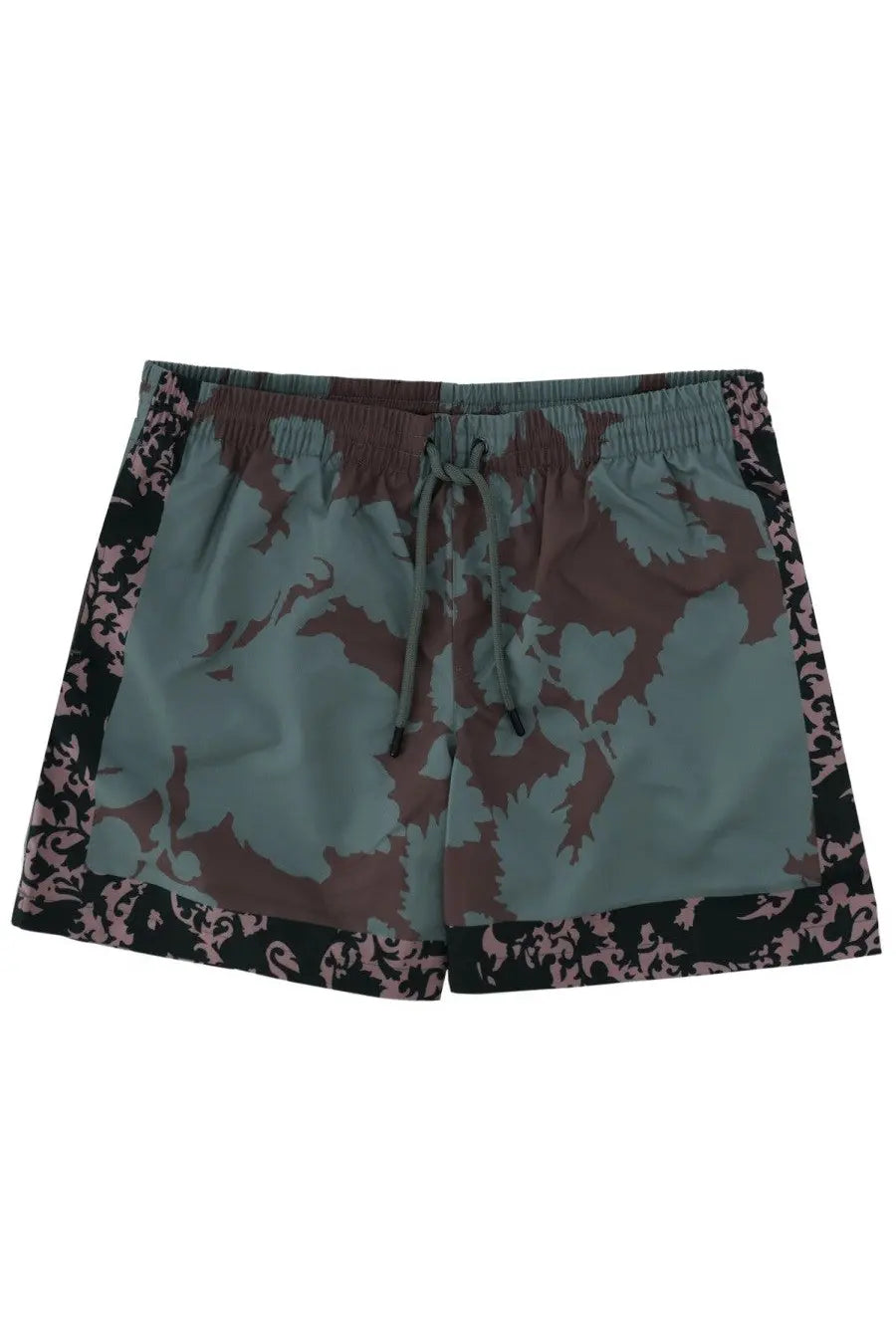 Dries Van Noten men’s floral print swimsuit in green camo with teal brown and pink floral motifs on lightweight fabric